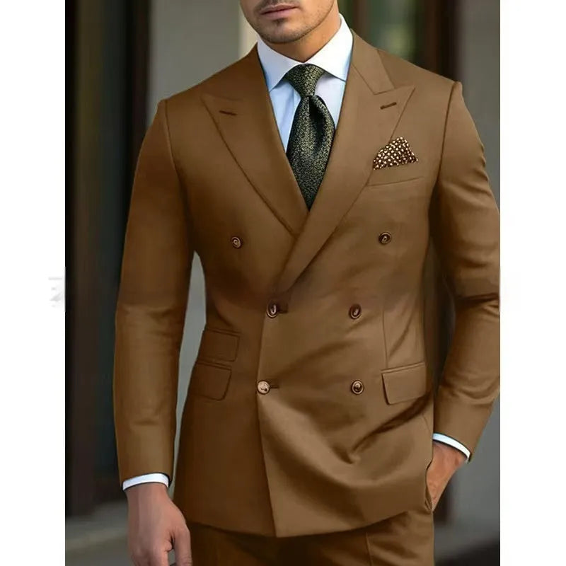 Men's brown two-piece cotton blend suit set with coat and trousers on a hanger.