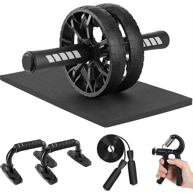 Set of seven abdominal wheels for indoor fitness, shown in red, green, black, and blue colours.