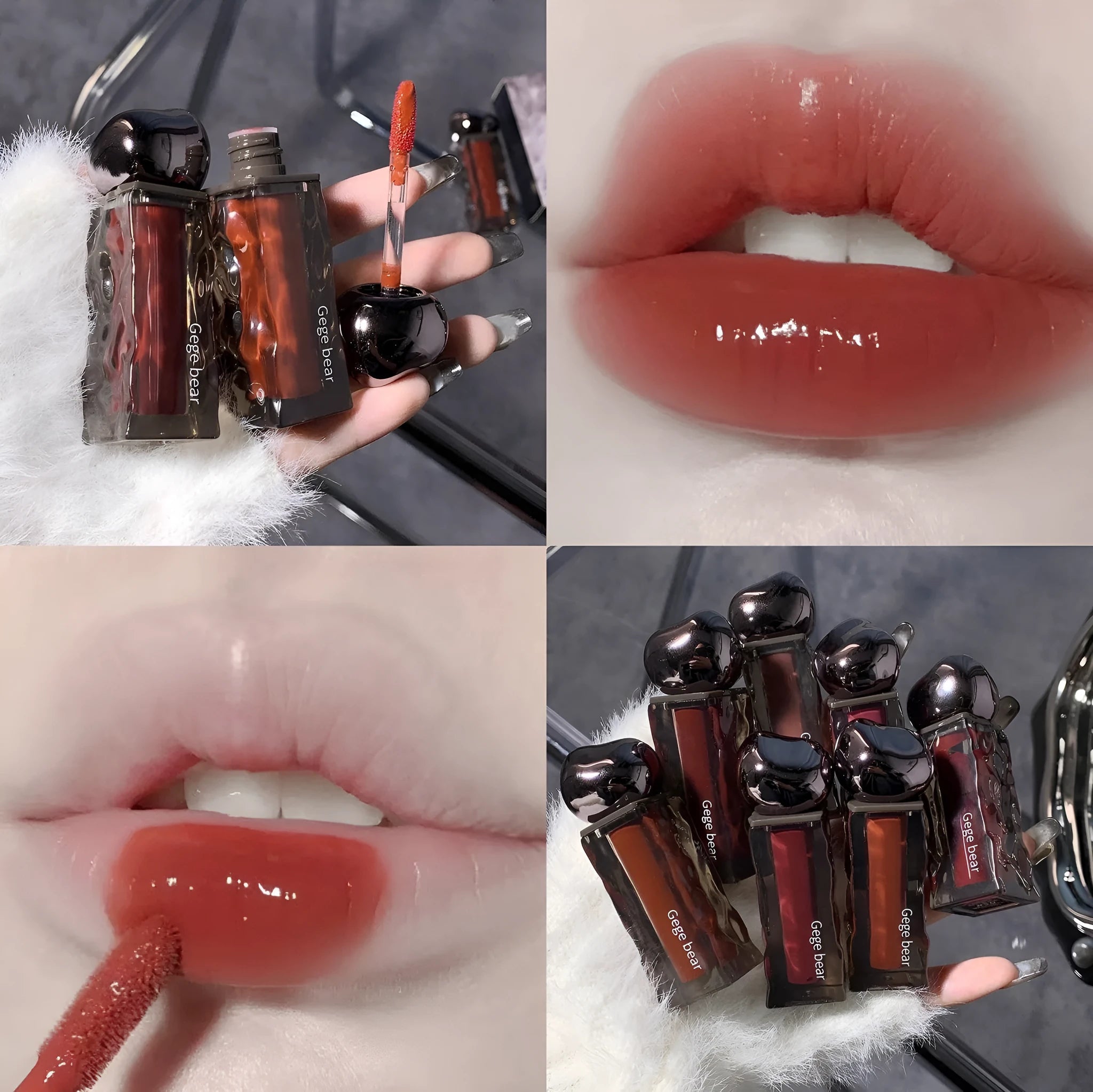 Glacier Lava Lip Lacquer tube in water light mirror finish with seven colour number options displayed.