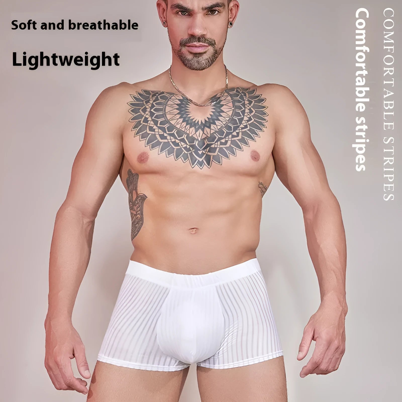 Men's striped transparent underwear in black, white and dark grey colours showing thin nylon fabric