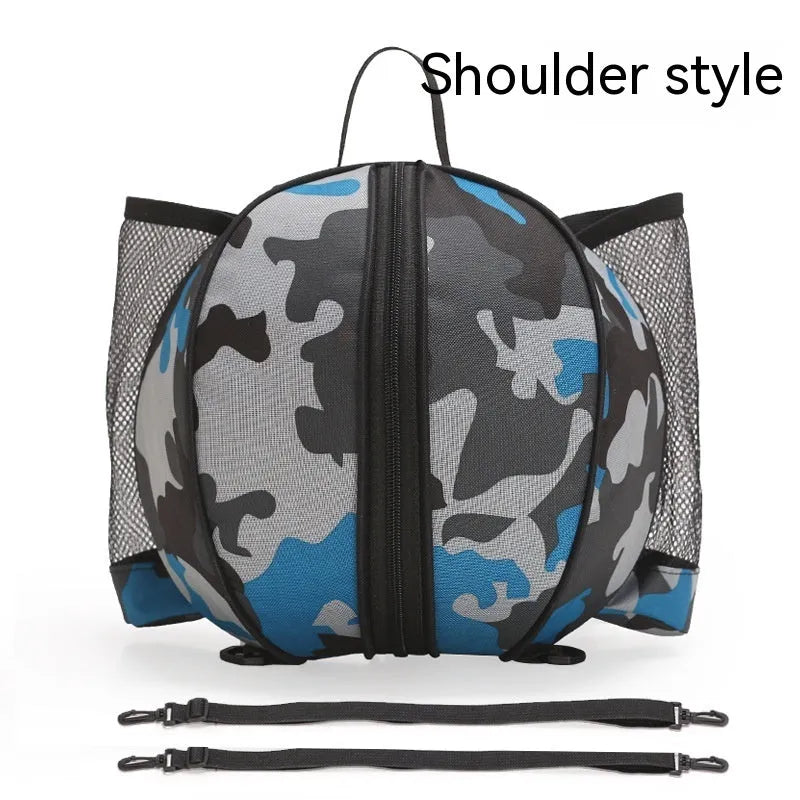 Oxford cloth basketball training bag with dual strap options shown in a colour selection including black, blue, and camouflage.