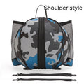 Oxford cloth basketball training bag with dual strap options shown in a colour selection including black, blue, and camouflage.