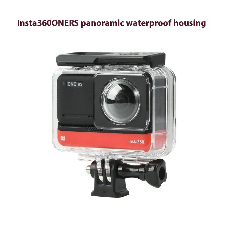 Transparent waterproof housing for Insta360 One RS panoramic camera showing dimensions