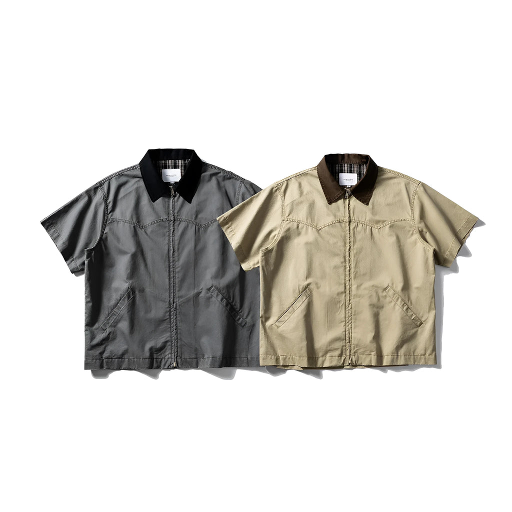 Washed cotton short sleeve overall shirt in loose fit cardigan style for teenage leisure wear
