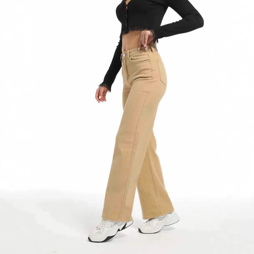 Women's autumn straight jeans wide leg style in apricot colour high waist cotton