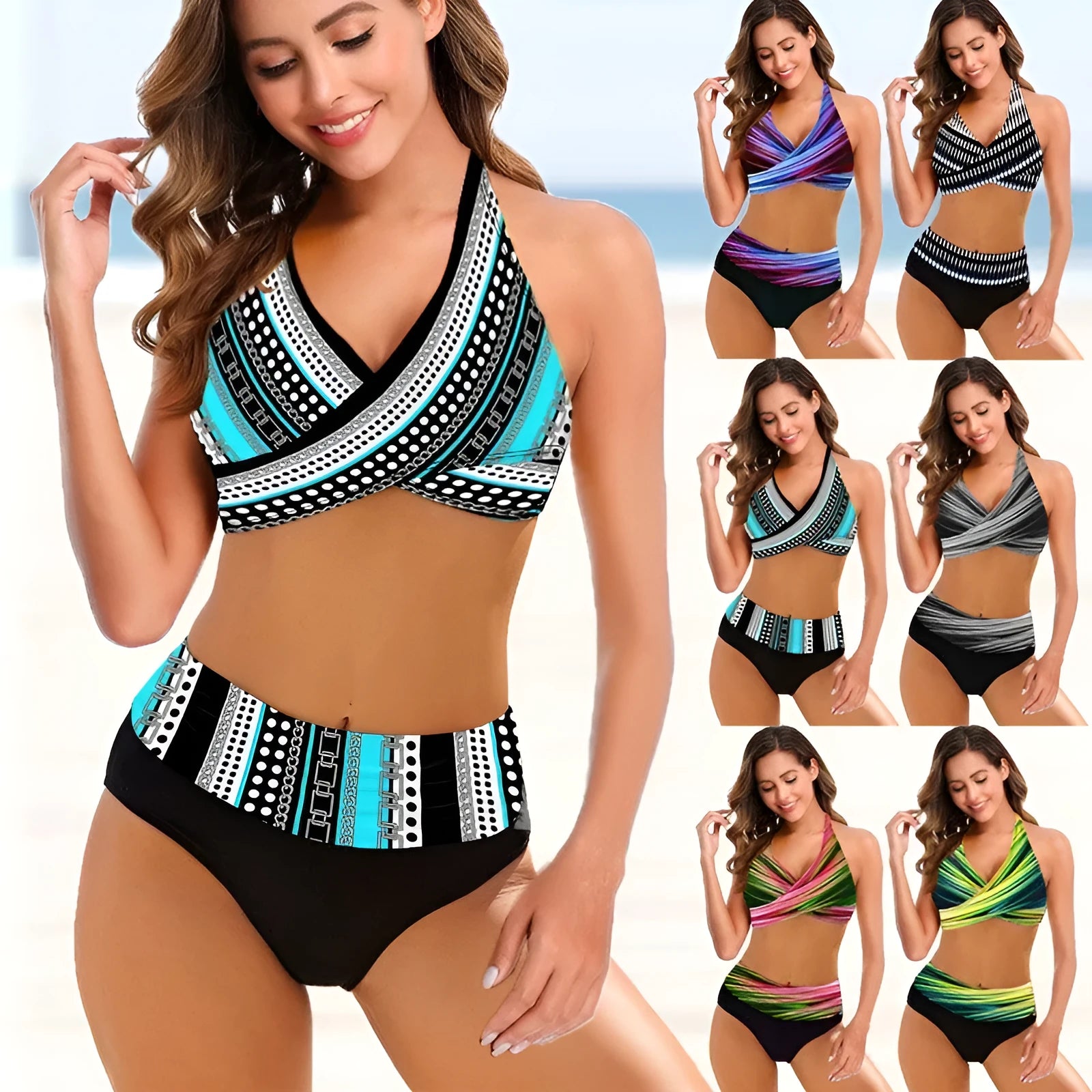 Ladies striped tie-dye hollow bikini set with high-waist briefs and backless design