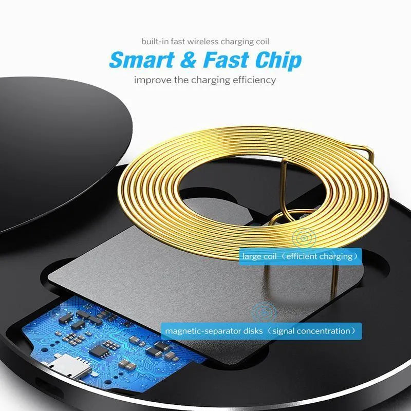 Black ultra-thin 9V QI wireless fast charger with USB cable on a desk.