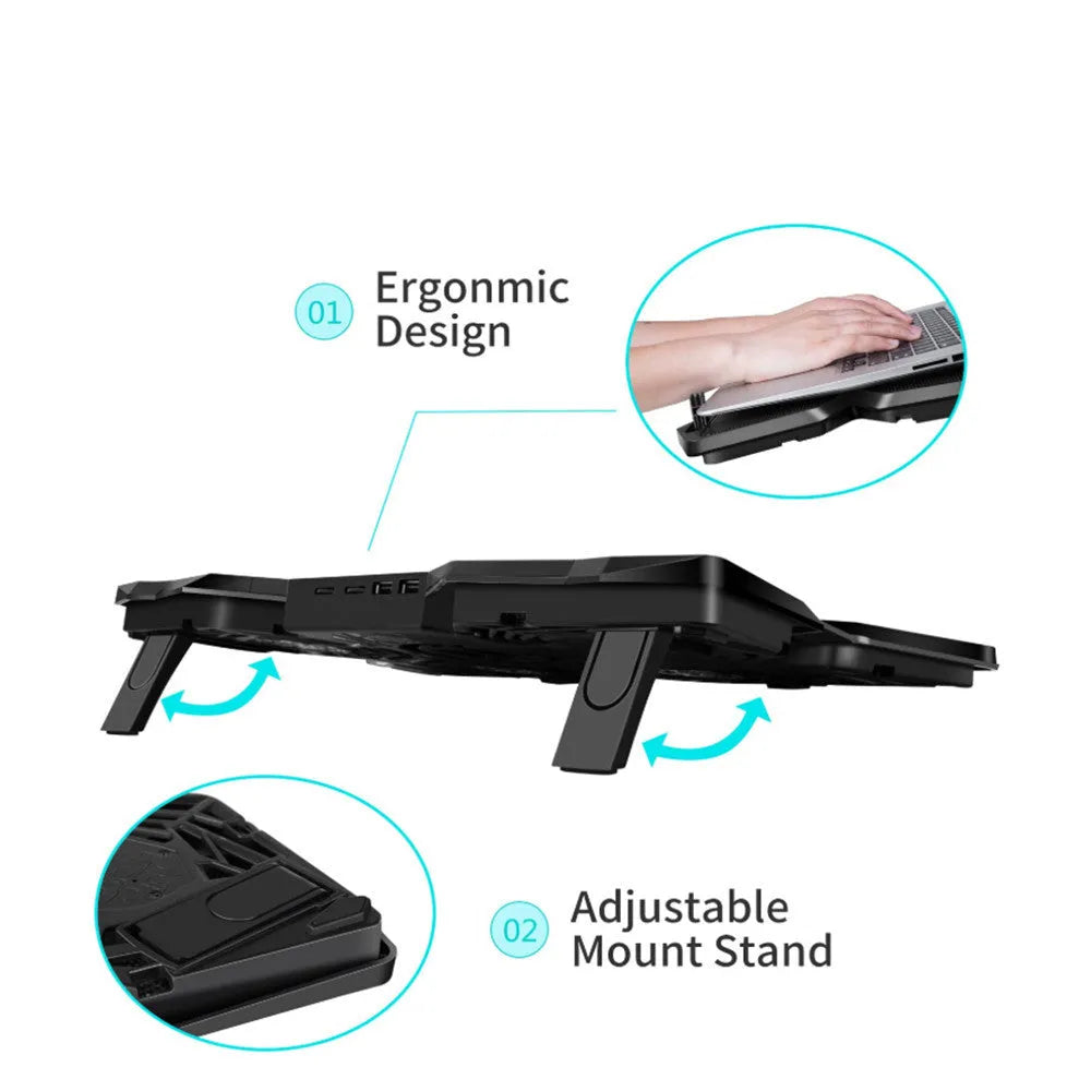 Blue PC cooling fan base with four LED-lit fans, speed switches, and USB ports on a desk.