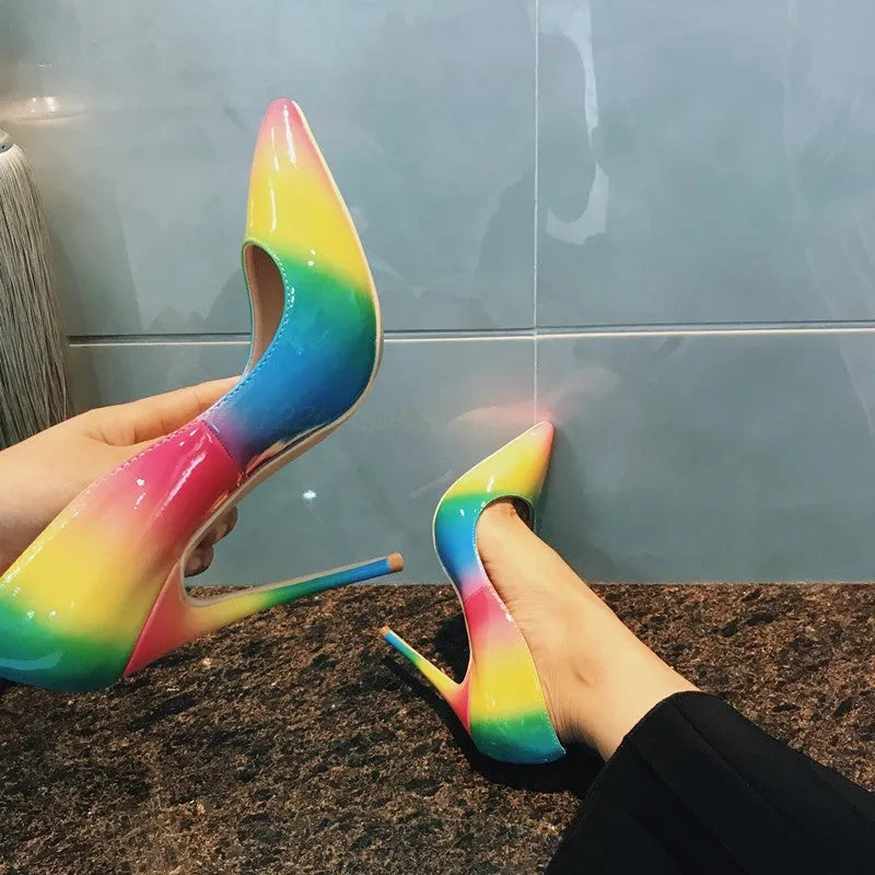 Rainbow glossy patent leather women's stiletto sandals with a pointed toe and thin ultra-high heel.
