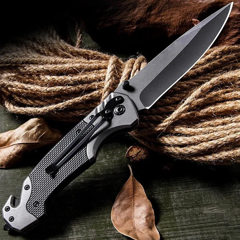 Folding knife with alloy blade and textured handle for outdoor use