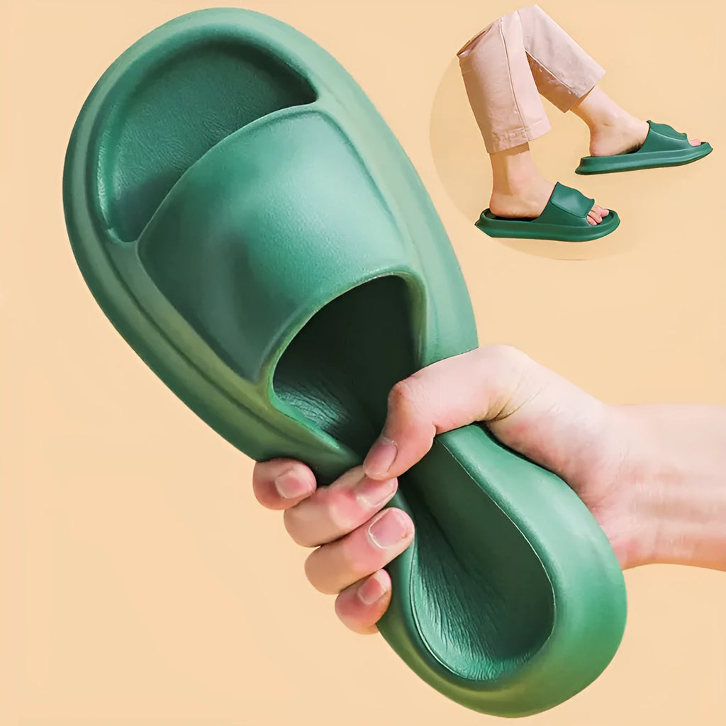 Thick-soled EVA flip-flop slippers in various colours on a white background.