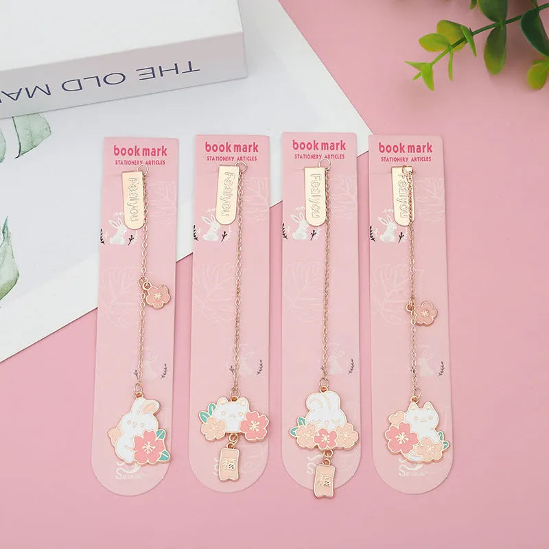 Metal pendant bookmark with cherry blossom cat design for journal decoration