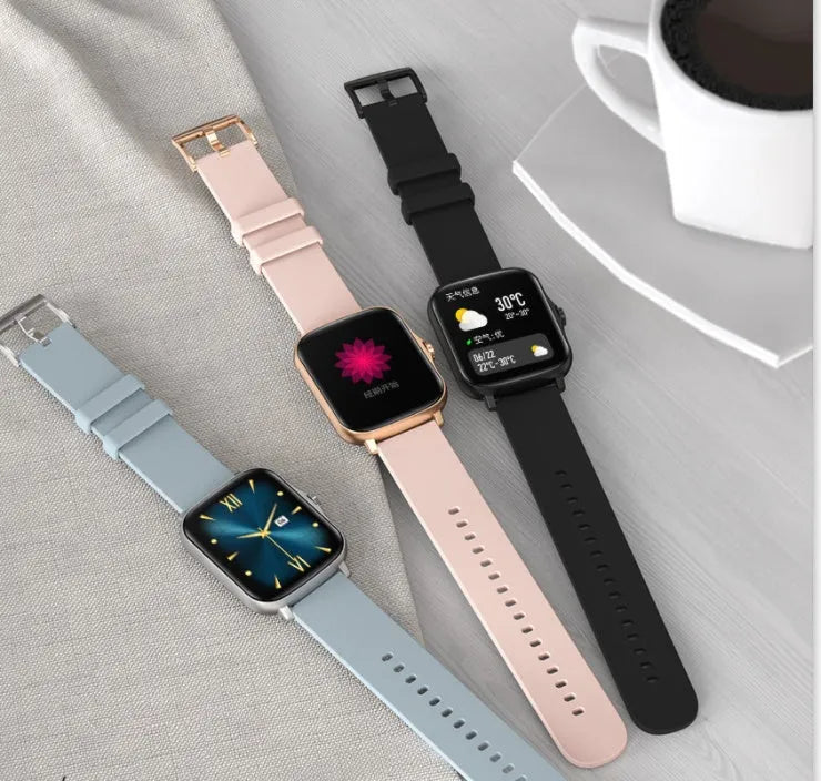 Blue smart watch with 1.7-inch touch screen on adjustable strap, showing heart rate monitoring interface.