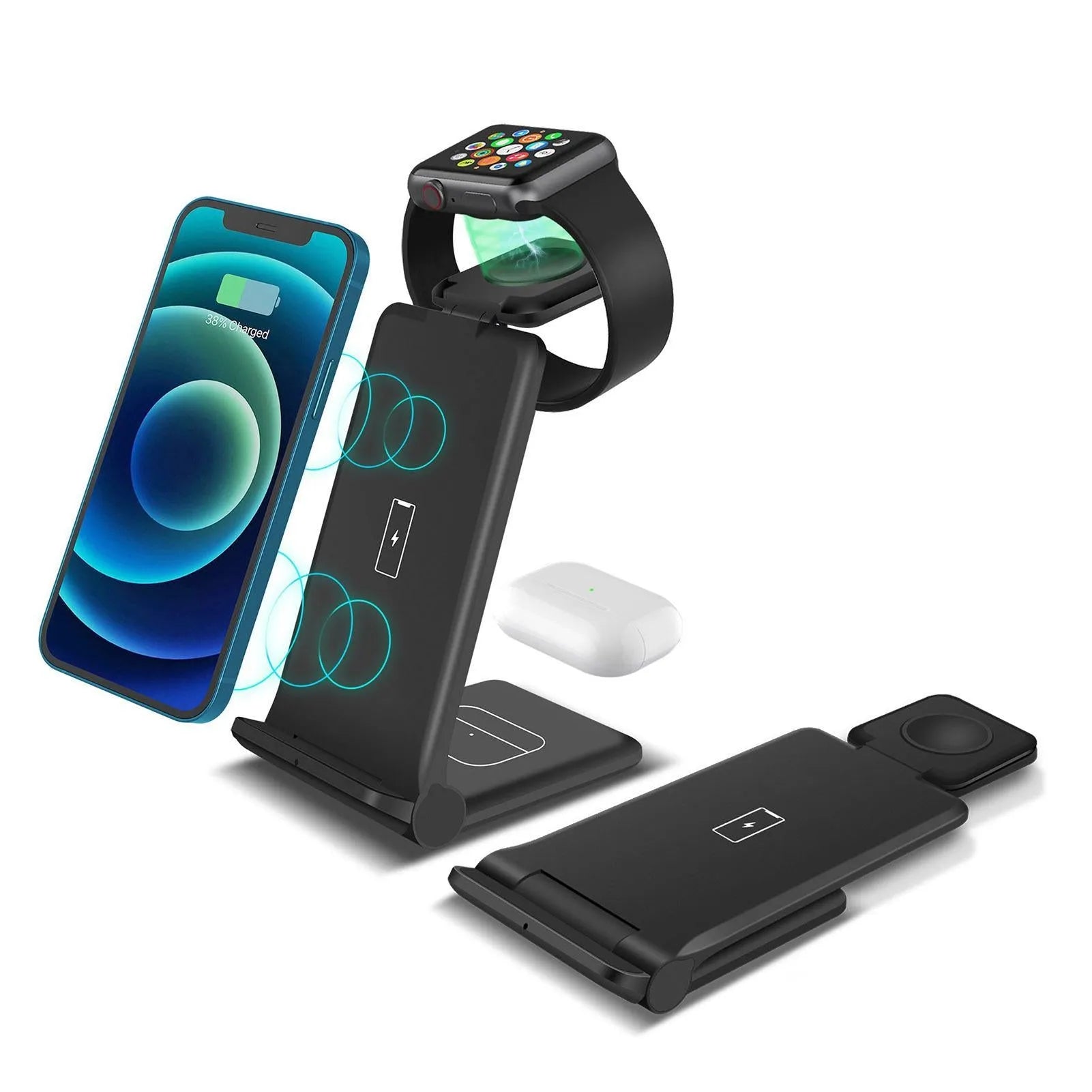 White 3-in-1 wireless charging station showing phone, Apple Watch and AirPods charging simultaneously on a desk.