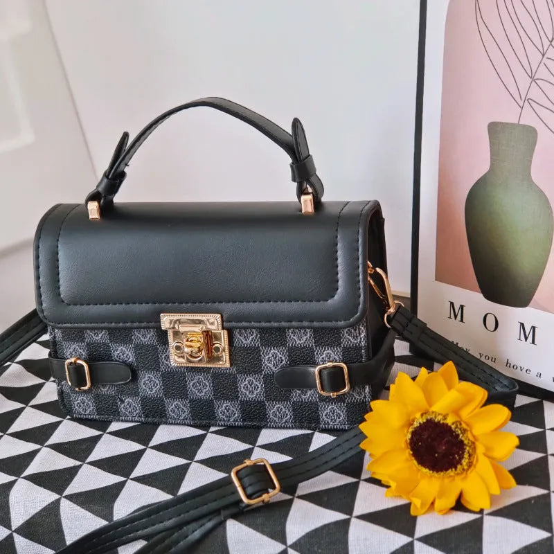 Retro square crossbody bag with floral stitching and plaid patterns in apricot colour