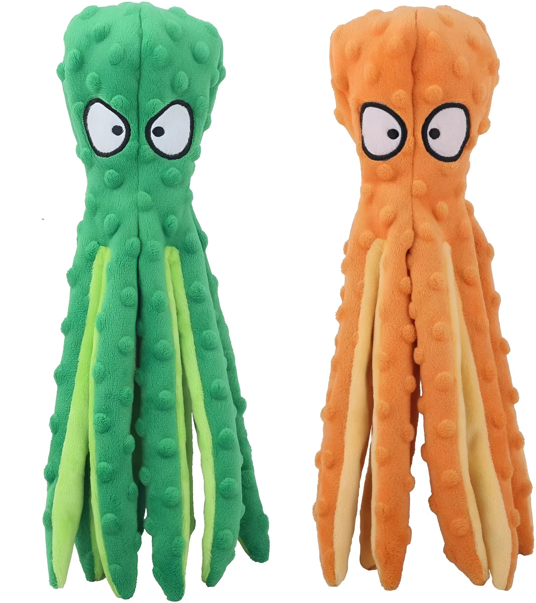 Blue octopus plush dog squeaky toy with no stuffing on a white background.