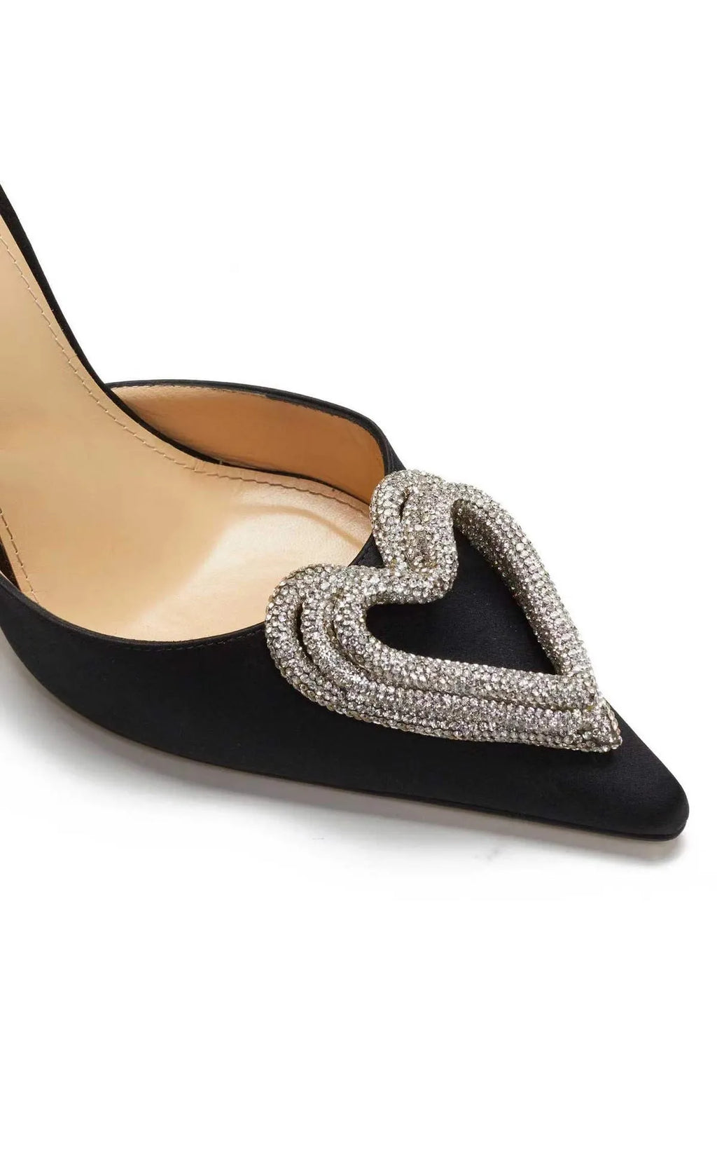 Women's pointed heart-shaped rhinestone sandals with satin upper and cross-belt strap in pink colour