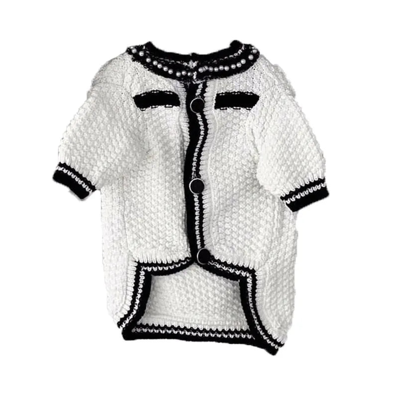 Korean style white pearl collar dog sweater on small dog showing princess design