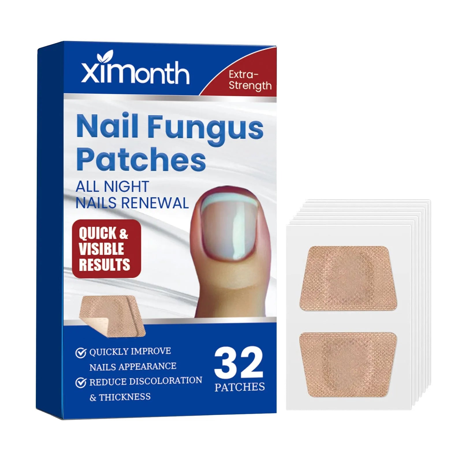 Box of nail repair adhesive bandage patches with ingredients glycerin, allantoin, vitamin E, tea tree oil.