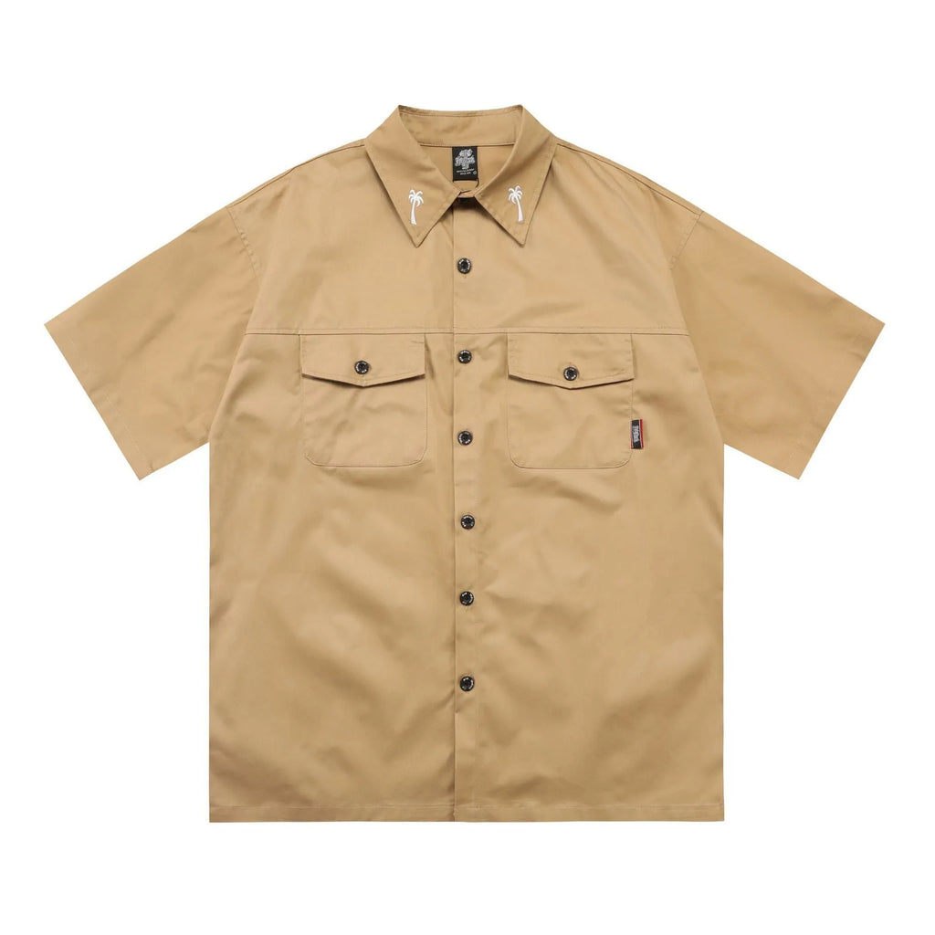 Men's black cotton blend shirt with embroidery, loose fit with half sleeves