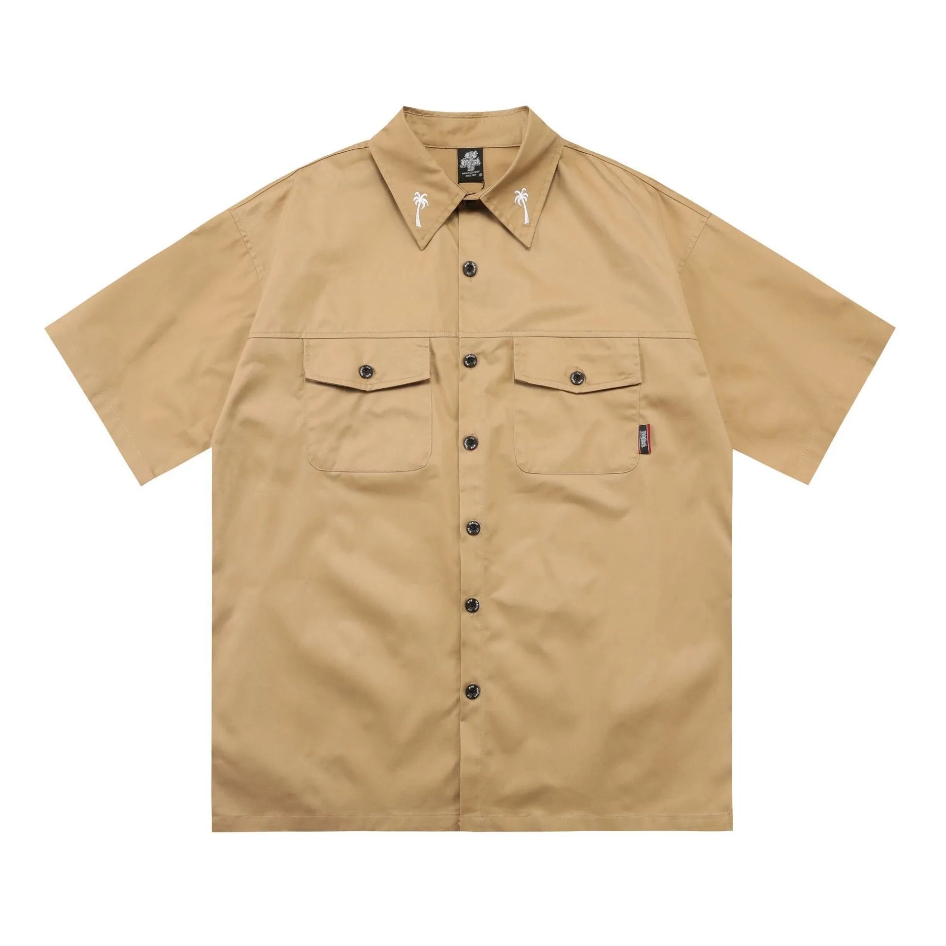 Men's black cotton blend shirt with embroidery, loose fit with half sleeves