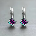Copper earrings with diamond-design zircon inlay in blue, green, or colour options