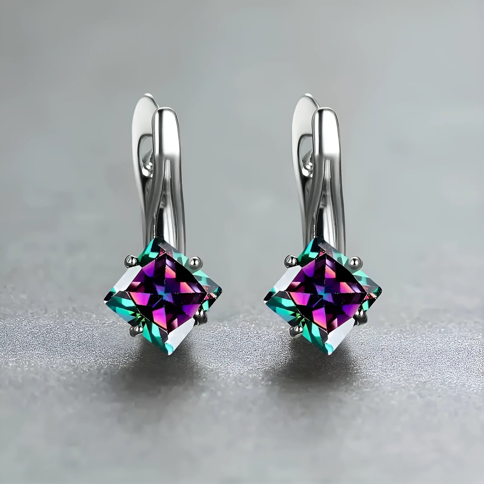 Copper earrings with diamond-design zircon inlay in blue, green, or colour options