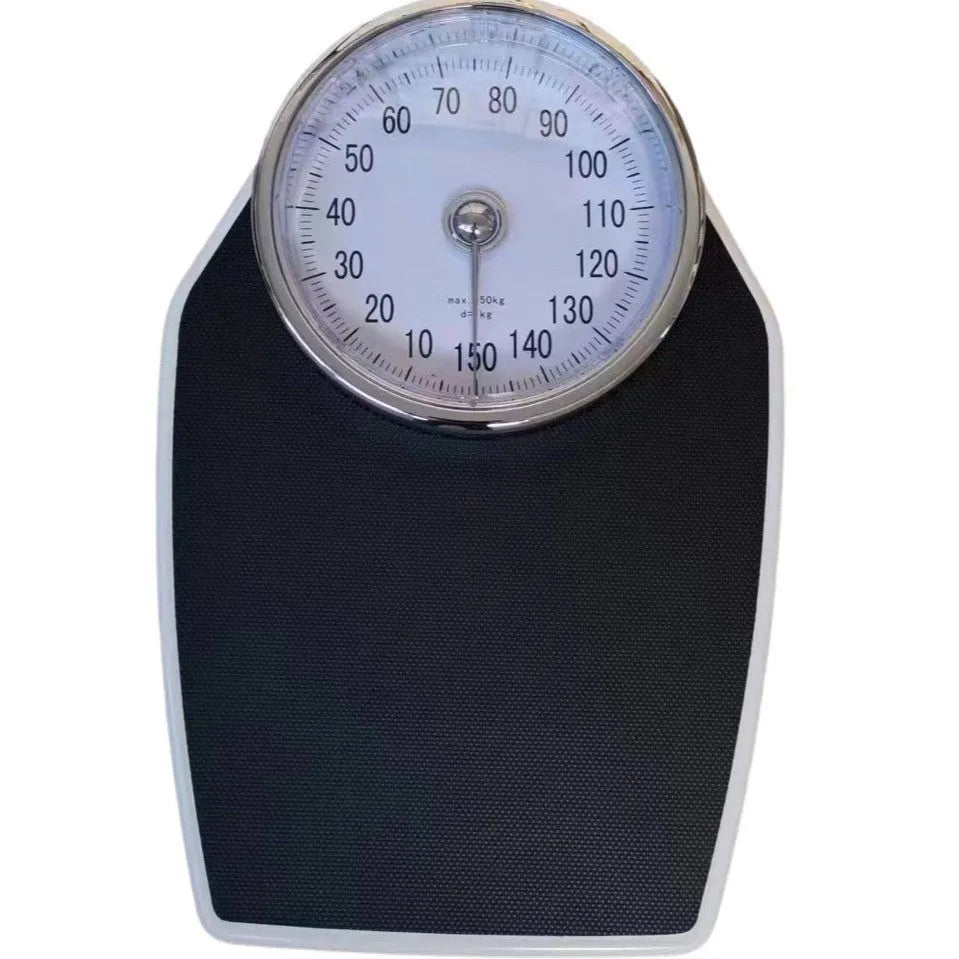 Black mechanical pointer body weight scale showing large dial on 47cm platform