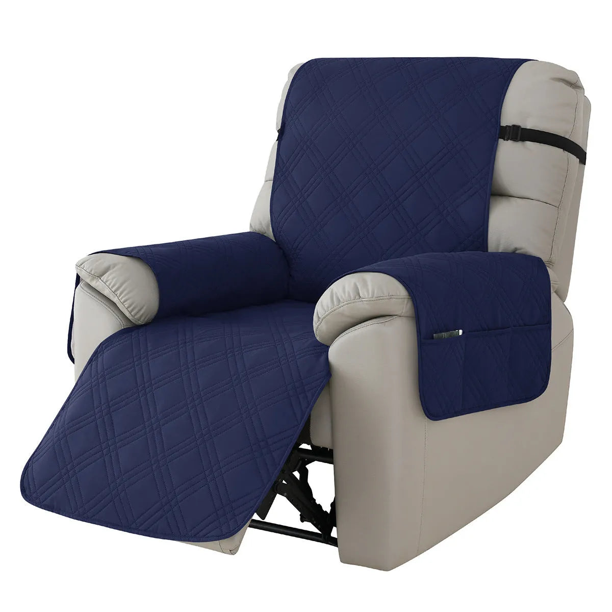 Quilted waterproof sofa cover for a Chivas massage chair in a navy blue colour.