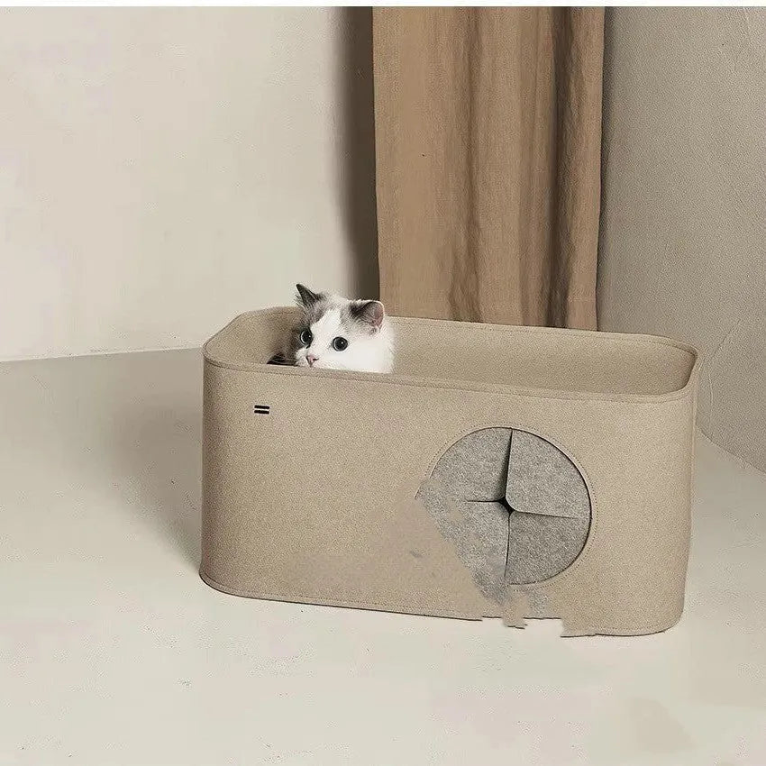 Grey foldable felt cat nest pet bed shown next to khaki version.