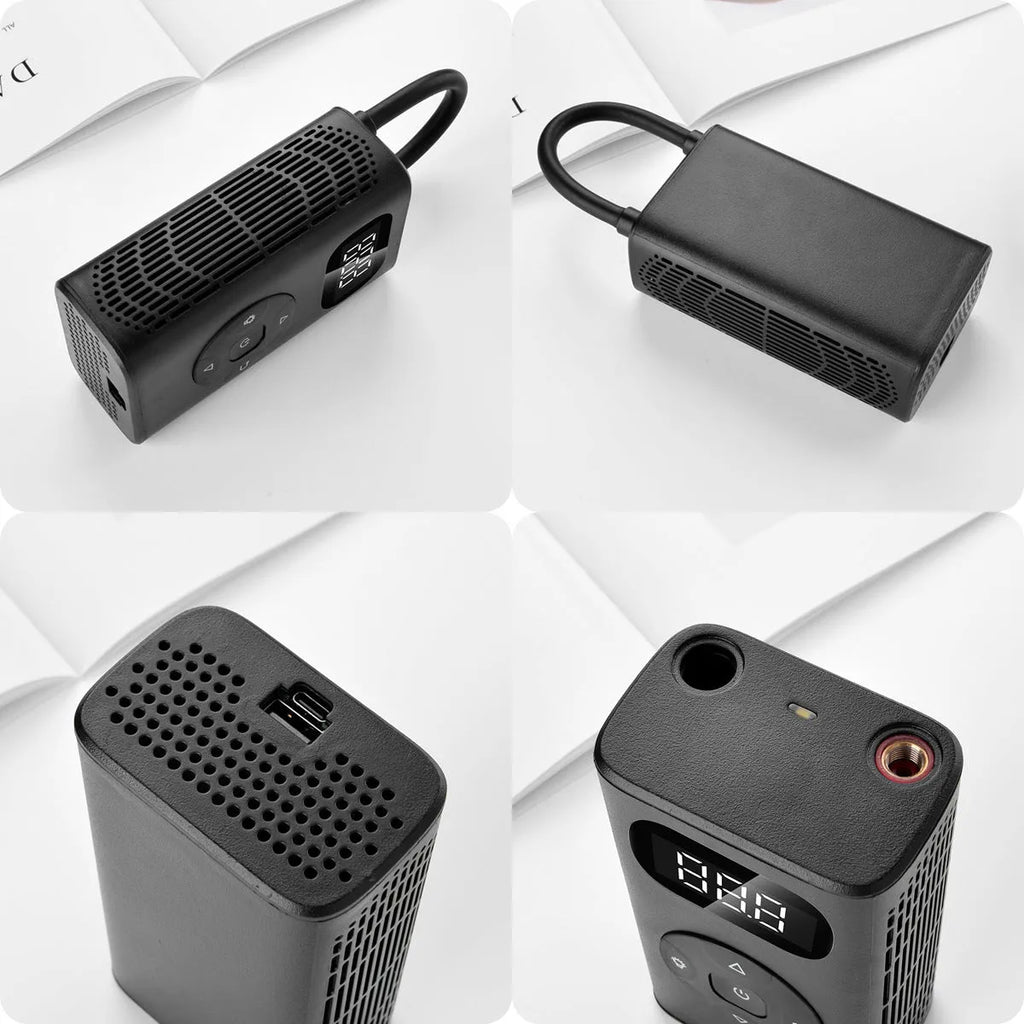 Black portable power bank air compressor for car and motorcycle tyres with USB cable