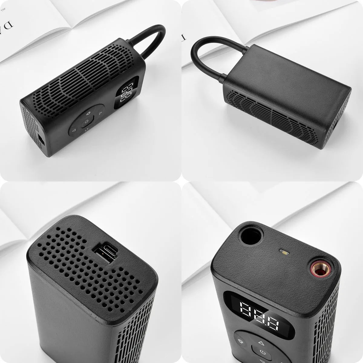 Black portable power bank air compressor for car and motorcycle tyres with USB cable
