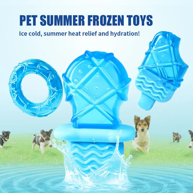 Set of three water-filled dog cooling toys: a blue pacifier, a red popsicle, and a green ring shape.