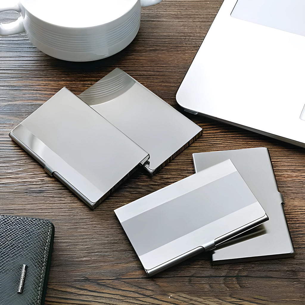 304 stainless steel business card case with laser geometric design measuring 92.5 x 58mm