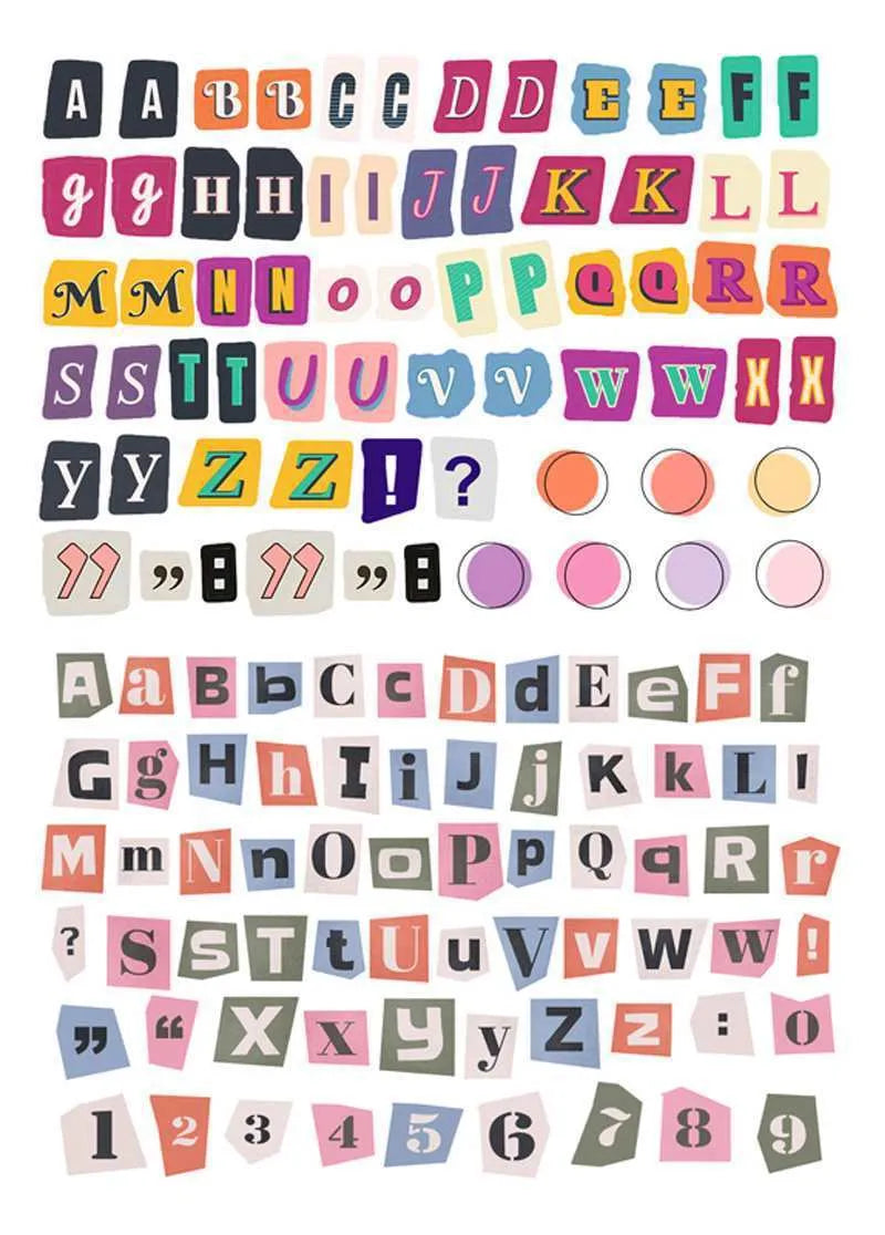 Set of printed English letters, numbers, and weekday word stickers in multiple colours for crafts and organisation