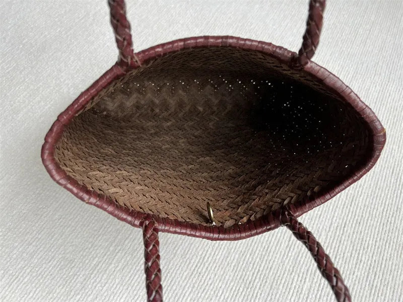 Brown handmade cowhide leather woven shoulder bag with three-dimensional pocket