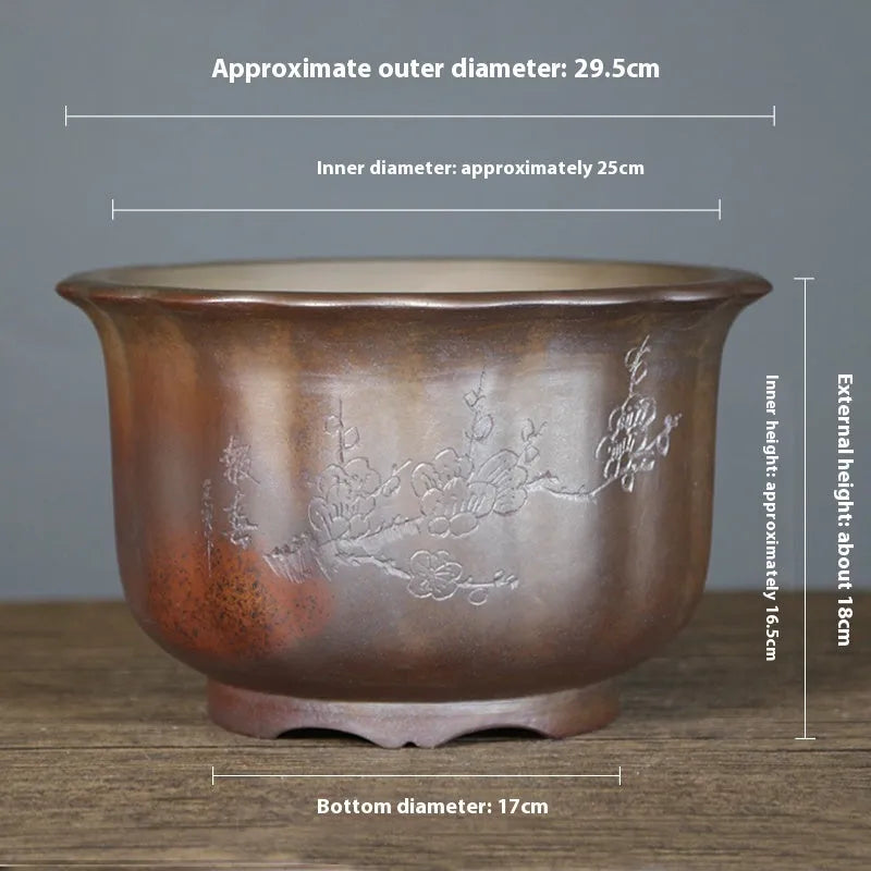 Antique carved ceramic flower pot with wood burning finish for indoor bonsai display