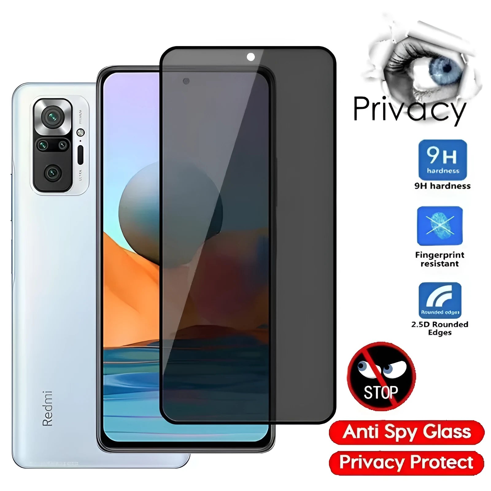 Anti-spy screen protector for Poco and Redmi Note smartphones showing privacy angle limitation
