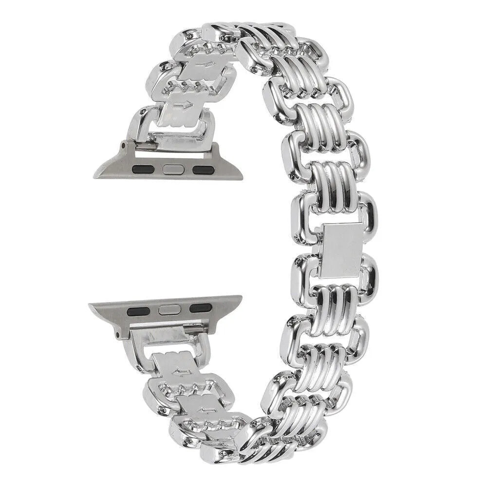 Metal alloy Apple Watch bracelet in silver colour showing band details and connector