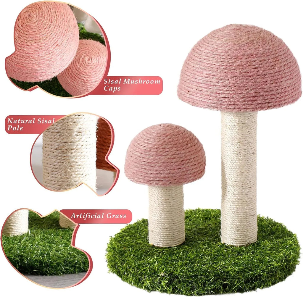 Pink mushroom-shaped cat scratching post with natural sisal caps for kittens
