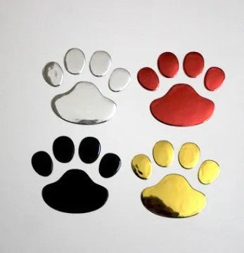 PVC dog footprint car sticker in black, gold, red, and silver colour options, measuring 7cm.