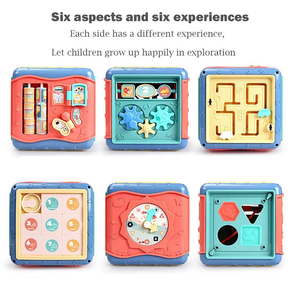 Six-sided baby educational toy cube showing multiple activity faces including bead maze and gear connections