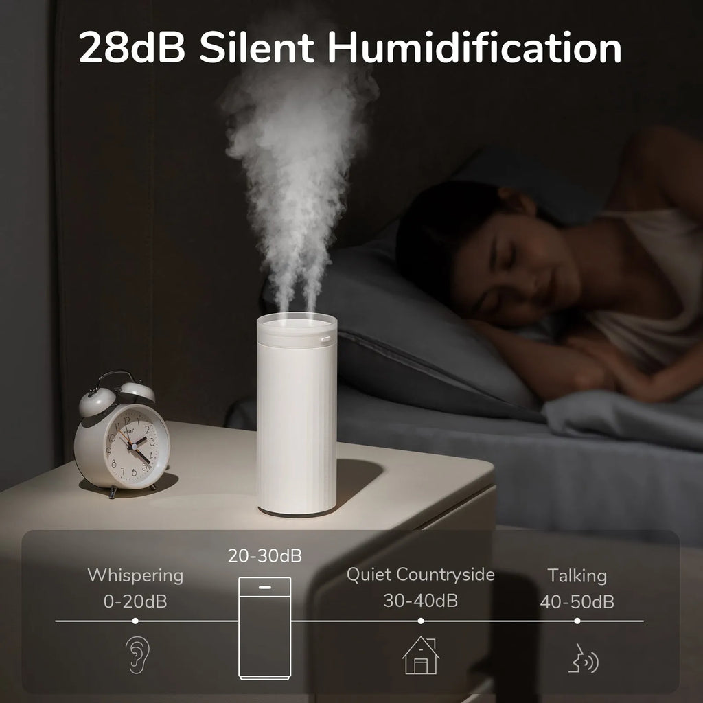 500ml small humidifier with night light in Earth Brown, Coral Pink, or White, USB and car powered for desk or vehicle use.