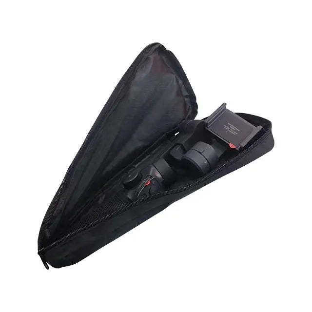 Black cloth storage bag for mobile phone stabilizer accessories with zippered closure