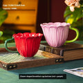 Ceramic breakfast cup with floral pastoral pattern showing 500ml capacity and red or purple colour options