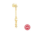 Geometric moon and star sterling silver earrings with diamond accents on a gold-plated finish.