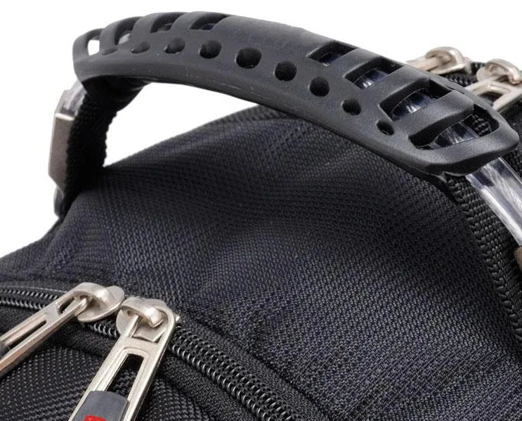Black business computer backpack with three compartments open, showing laptop sleeve and organiser pockets