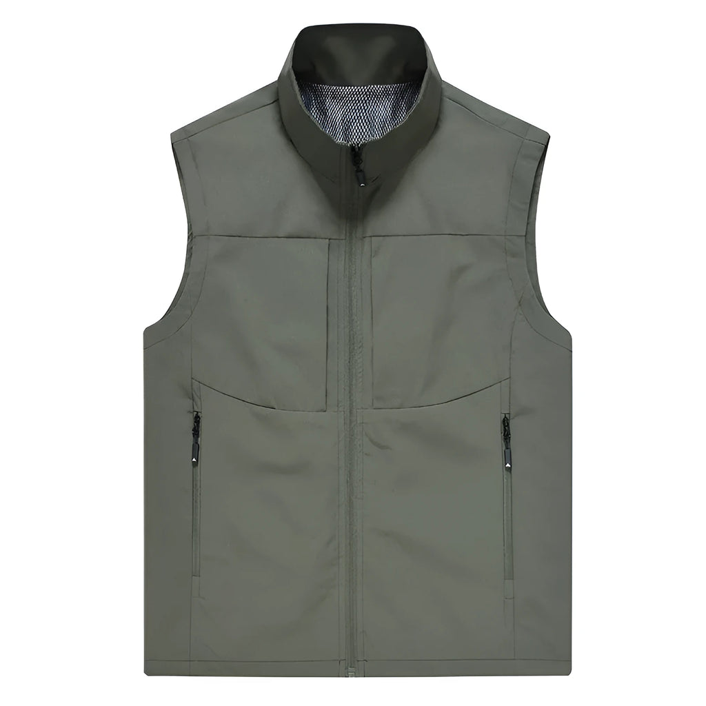 Men's khaki stand collar vest cardigan with zip pockets for outdoor leisure wear