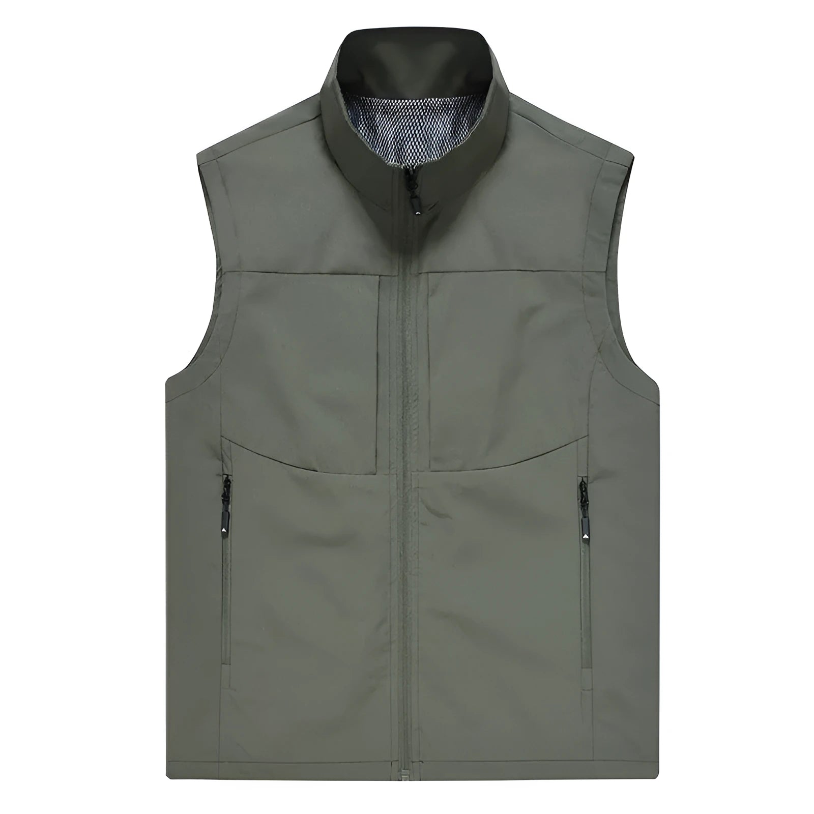 Men's khaki stand collar vest cardigan with zip pockets for outdoor leisure wear