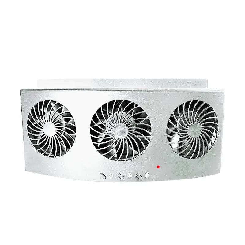 Black and white USB-powered car ventilation fan for exhaust odour removal on windowsill.
